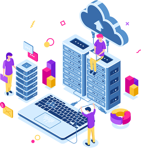 Digital integration solutions by egforit Software - illustration representing cloud and servers connecting to end-user devices