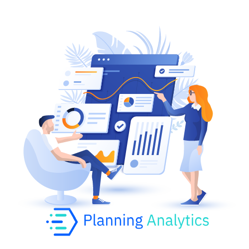 IBM-planning-analytics-2 graphic of two people analysing data, representing IBM planning analytics
