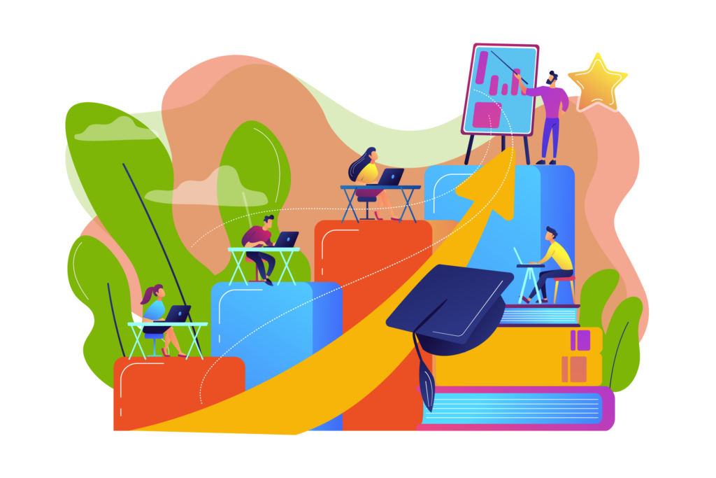 Microsoft-365-training A graphic of people learning with the Microsoft 365 colour scheme behind them
