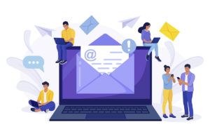 email_communications Illustration of small people working around a laptop with a large email graphic in the middle.