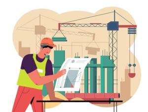 5096384 Illustration of a construction workers looking at architecture plans against a backdrop of a construction site.