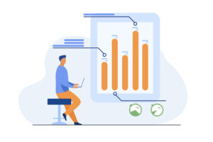 Man with laptop analyzing infographics Illustration of a man on a chair with a laptop and an oversized infographic chart graphic next to him.