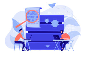 Big data programming concept vector illustration. Programmers with laptops working on code and big data. Software development, data processing and analysis, data applications and management concept.