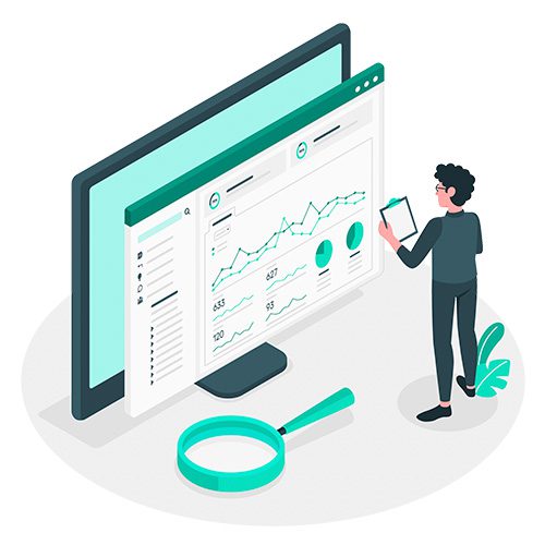 IBM-cognos-analytics-strategise Illustration of a man in front of a stat report screen to represent IBM Cognos Analytics