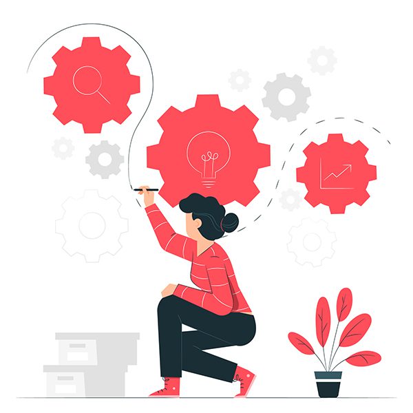 Operational systems migration Illustration of a person drawing a line around gears to show operational system migration process